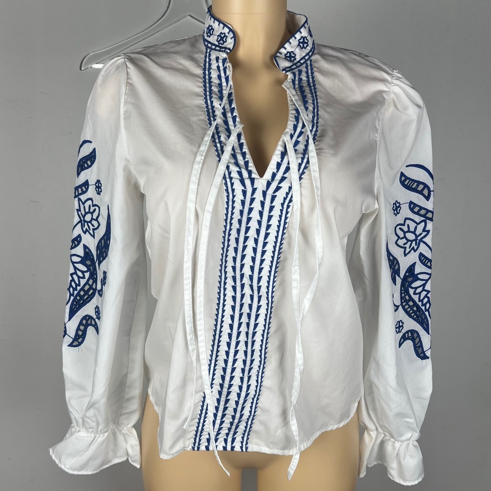 Boho Peasant Blouse  M Top White Blue Cutout Romantic Sleeve Ukraine Style ESQ
